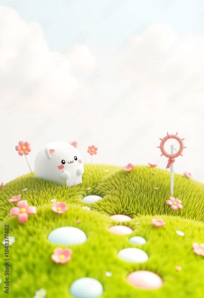 Cute cartoon cat sitting on a green grassy hill with pink flowers and colorful eggs. Cute cartoon cat sitting on a green grassy hill with pink flowers and colorful eggs.