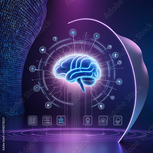 A futuristic illustration depicting the intricate workings of artificial intelligence, set against a sleek, neon-lit background that gradates from deep blues to purples photo