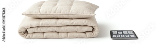 Cozy and elegant beige blanket folded neatly beside a modern remote control, perfect for a warm, inviting home ambiance.