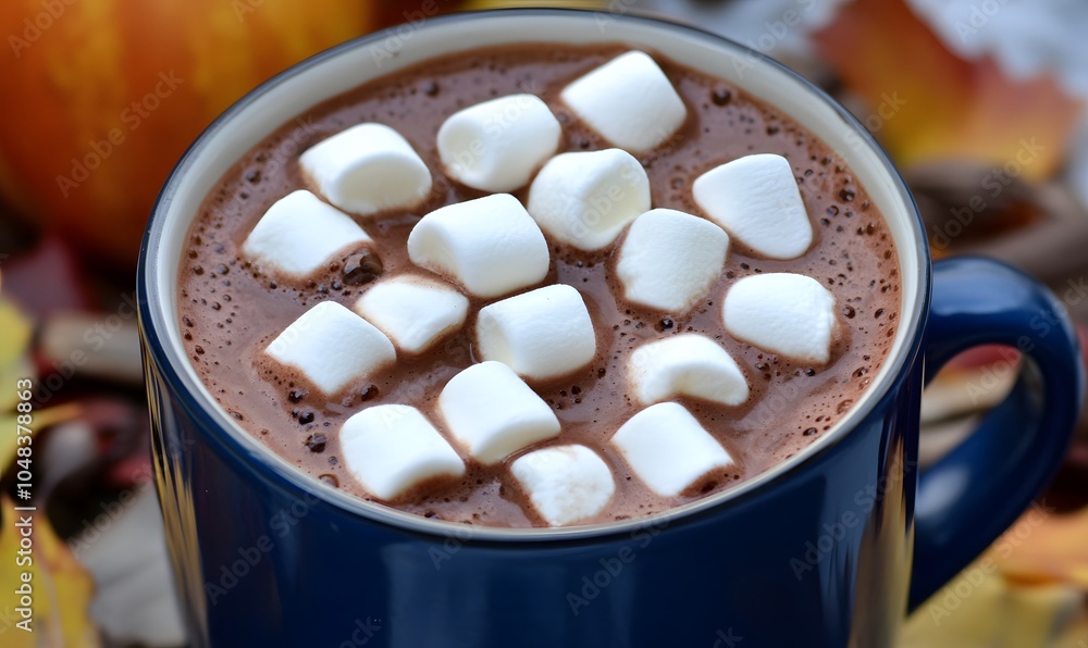Autumn sweet hot chocolate with marshmallows in a blue mug, Generative AI Autumn sweet hot chocolate with marshmallows in a blue mug, Generative AI