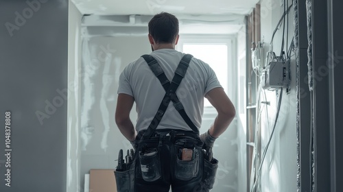 Worker in Hallway with Construction Tools