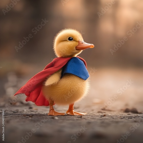 Adorable Duckling Dressed in Superhero Cape Standing on Muddy Ground