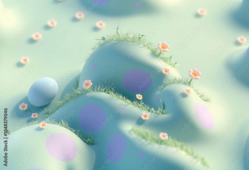 3D rendered abstract pastel green hills with pastel pink flowers and blue egg. 3D rendered abstract pastel green hills with pastel pink flowers and blue egg.
