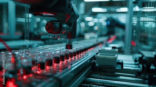 Automated Robotic Arm Dispensing Liquid Into Test Tubes On Conveyor Belt