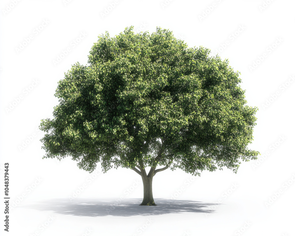 Obraz premium lush green tree stands prominently against white background, showcasing its vibrant foliage and sturdy trunk. This captures essence of natures beauty and tranquility