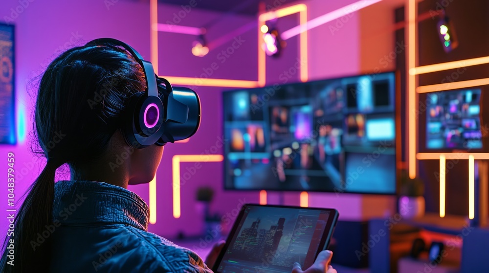 Cheerful young women with tablet phone and in vr goggles sitting on sofa while playfully exploring Cheerful young women with tablet phone and in vr goggles sitting on sofa while playfully exploring