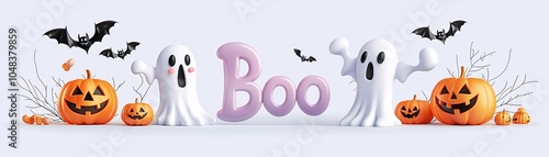 Ghost saying "Boo" with bright jack-o"-lanterns, playful Halloween backdrop