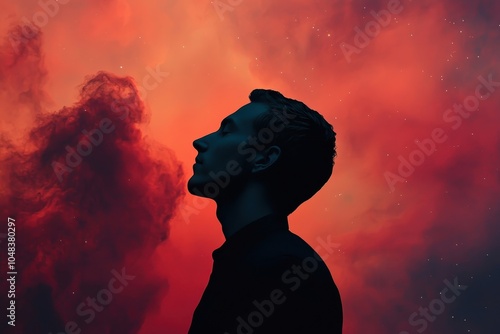 Man Silhouetted Against Red Sky with Stars