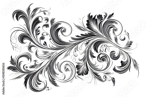 Elegant black floral ornamental decoration on transparent background, intricate swirling pattern for design and art projects.