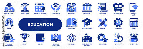 Set of vector solid icons related to online education, school and university lessons, webinar. Symbols for website or app ui, logo design, illustration