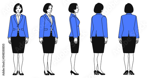 Young beautiful business woman wearing blue blazer, white shirt, black pants and shoes standing in front, back, side, half-turn view. Isolated linear vector illustration