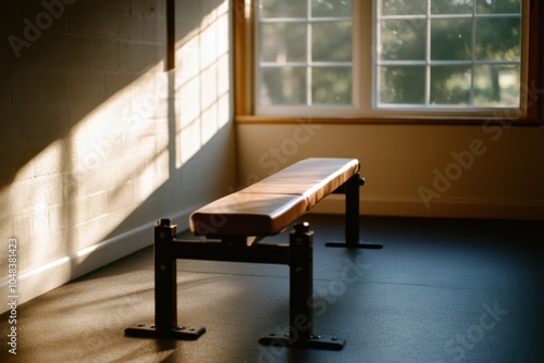 Soft morning sunlight graces a tranquil home gym, casting gentle shadows that invite calm and inspire a peaceful workout. photo