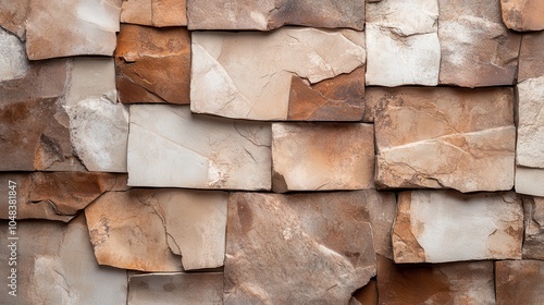 An earthy stone wall composed of various rectangular stone blocks in warm tones, embodying a natural and rustic appearance suitable for antique-style architecture. photo