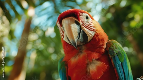 A vibrant red parrot perched tantalizingly amidst a lush green jungle backdrop, highlighting the contrast between its fiery feathers and verdant surroundings. photo