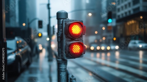 Urban traffic light glows persistently through misty streets, casting a red hue and evoking a serene yet bustling city atmosphere. photo