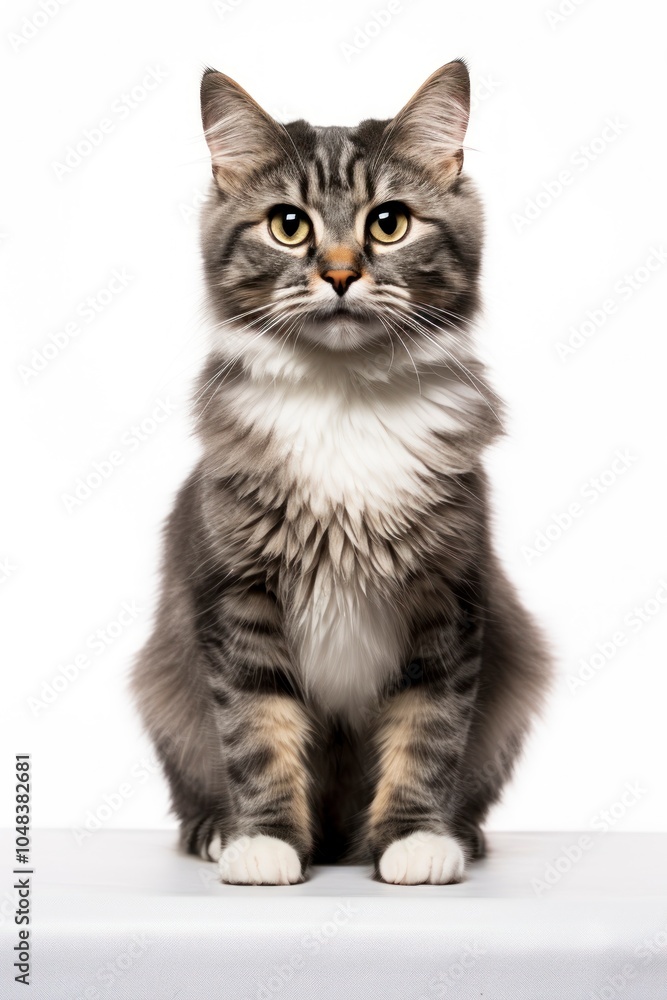 Fototapeta premium A cat sitting on white background looking at the camera.