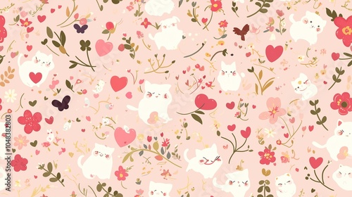 Cute Cat and Flower Pattern on Pink Background