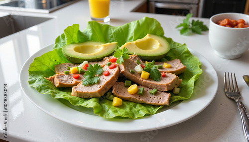 Savory turkey slices served with avocado and vegetables on a lettuce bed indoors