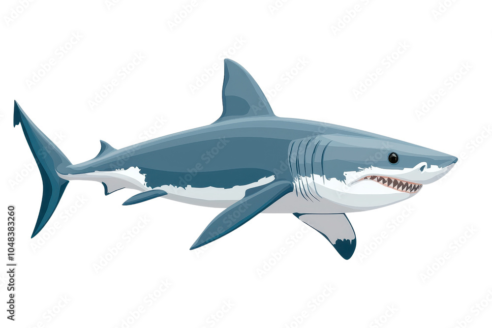 Obraz premium Illustration of a great white shark swimming, showcasing its powerful and sleek design, ideal for marine life and ocean-themed content.