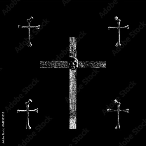 bones crusifix hand drawing vector isolated on black background.
