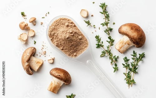 A plastic scoop with dried mushroom powder, complemented by fresh shiitake mushrooms and thyme, against a minimalist white backdrop for branding elements 