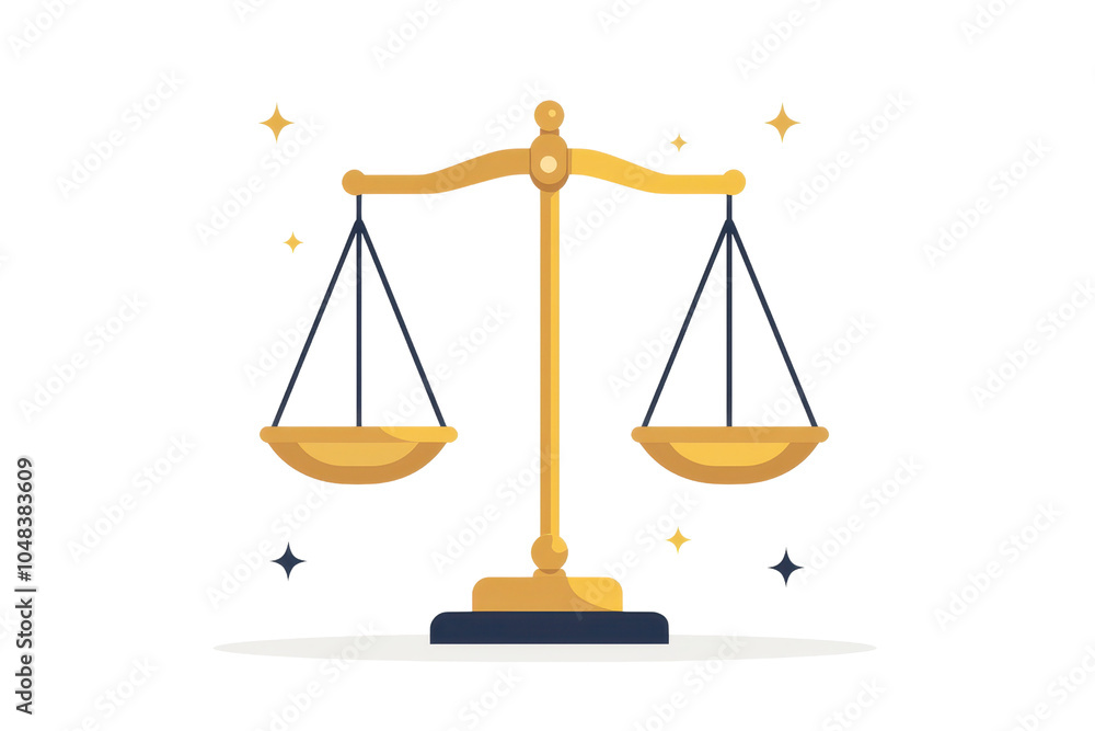Illustration of a golden balance scale representing justice and equality, with stars in the background. Illustration of a golden balance scale representing justice and equality, with stars in the background.