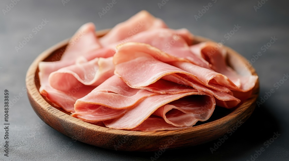 Thinly sliced pink ham is meticulously arranged on a wooden plate, showcasing its delicate texture and savory appeal in a simple and appetizing display. Thinly sliced pink ham is meticulously arranged on a wooden plate, showcasing its delicate texture and savory appeal in a simple and appetizing display.