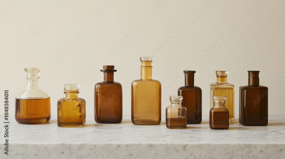 A collection of elegant glass bottles in amber hues rests on a marble surface, exuding warmth, craftsmanship, and vintage charm. A collection of elegant glass bottles in amber hues rests on a marble surface, exuding warmth, craftsmanship, and vintage charm.