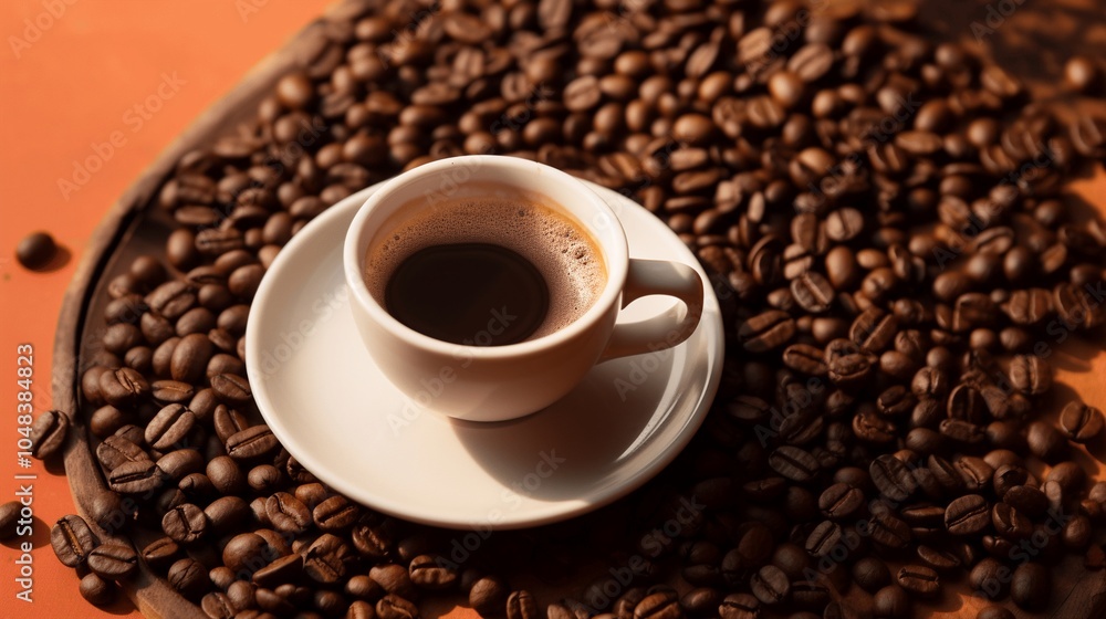 Coffee Cup Surrounded by Coffee Beans on Wood Tray Coffee Cup Surrounded by Coffee Beans on Wood Tray