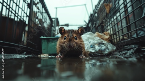 This image showcases a lone rat facing the camera in a narrow alley filled with garbage, conveying themes of urban wildlife and the gritty reality of city life. photo