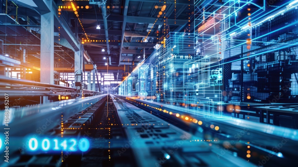 Obraz premium Futuristic Industrial Factory with Digital Hologram Projection
