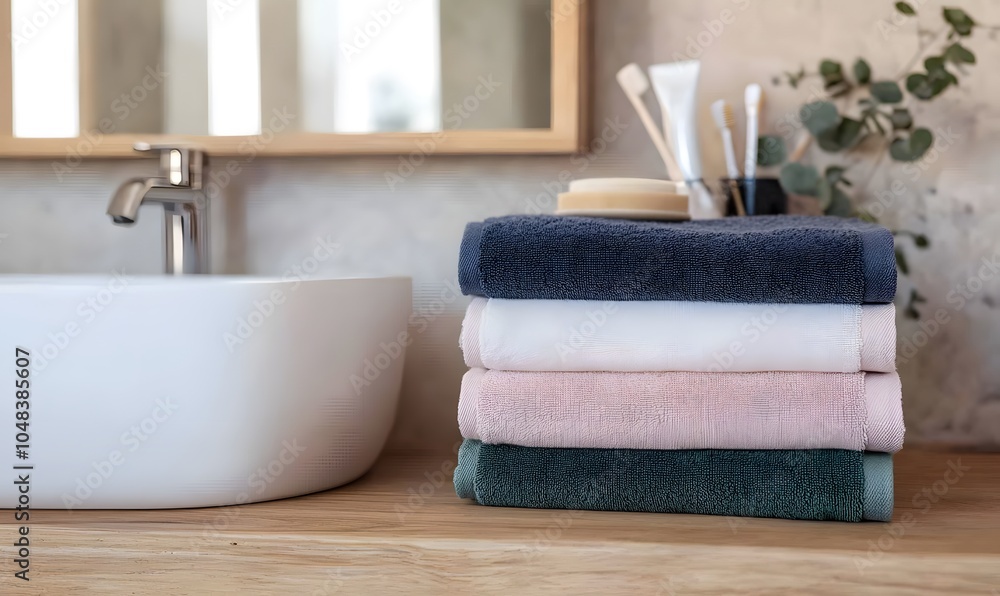 Stack of colorful towels in cozy bathroom, Generative AI Stack of colorful towels in cozy bathroom, Generative AI