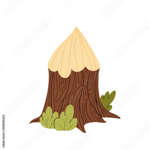 Stump. A nibbled tree trunk. Cartoon drawing of part of tree isolated on white background. Construction materials, forestry concept.