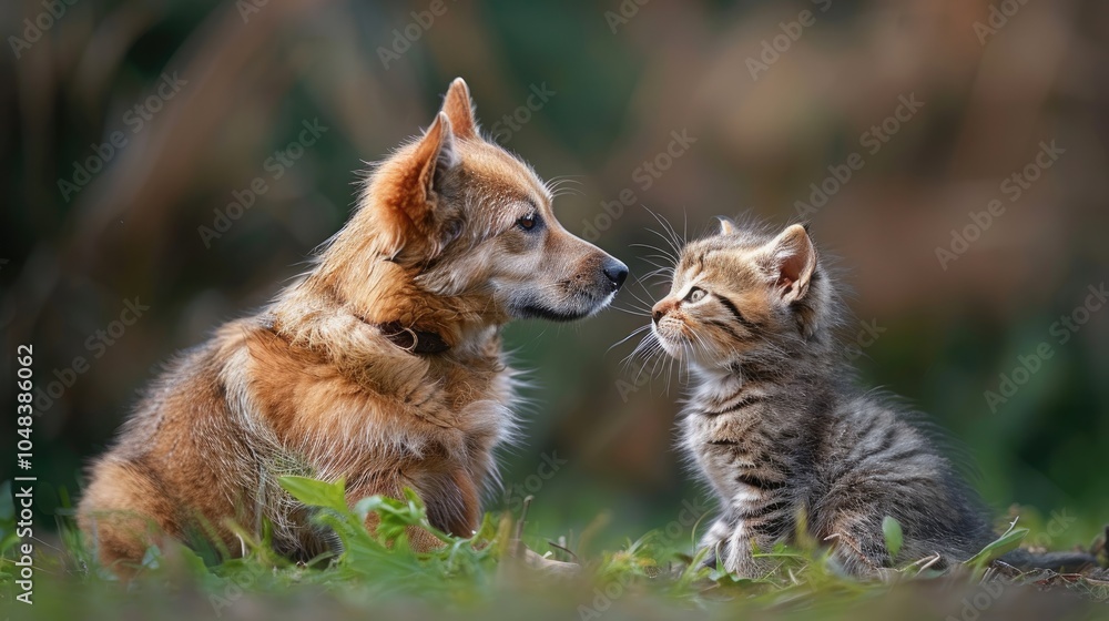 A Heartwarming Moment Between a Dog and Cat at Play, Puppy And Kitten, Dog and Cat Playing Together outdoor on green grass