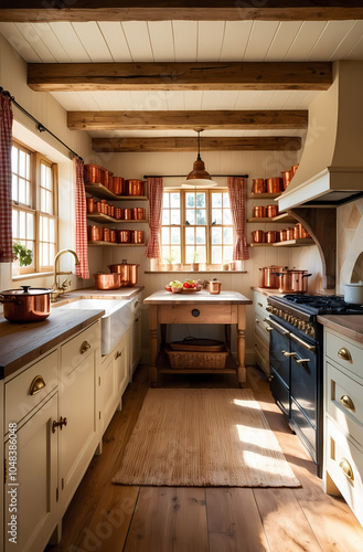 Rustic Farmhouse Kitchen With Copper Cookware And Wooden Beams