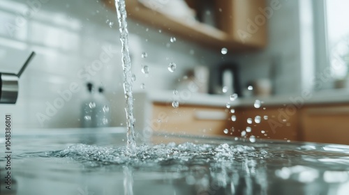 A serene scene of crystal clear water cascading smoothly into a modern sink, creating a peaceful and refreshing atmosphere in a sleek kitchen environment. photo