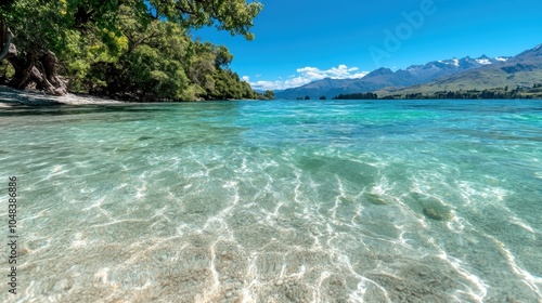 A breathtaking view of a turquoise lake, surrounded by a lush forest and distant mountains under a bright, clear sky, embodying the essence of pristine beauty.