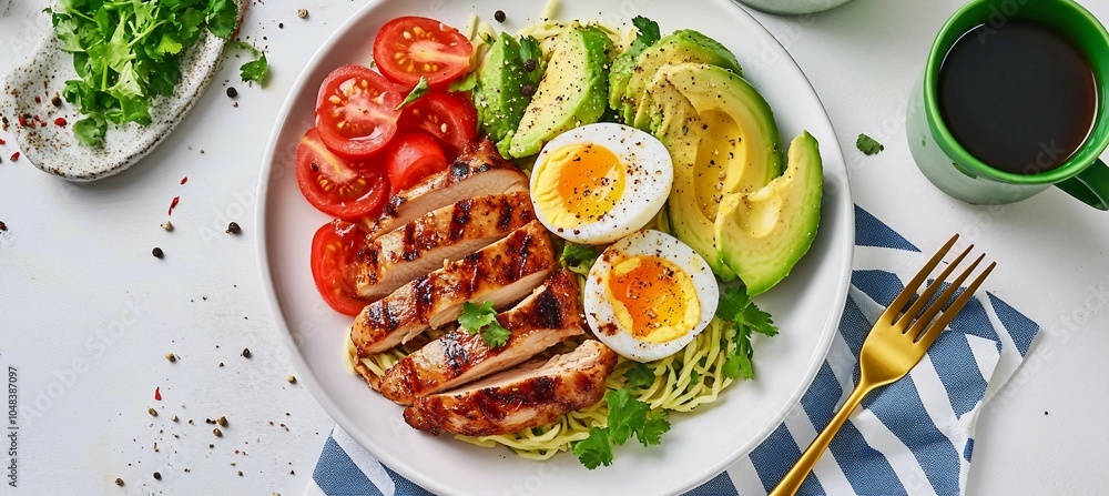 Healthy Salad Bowl with Grilled Chicken, Avocado, Eggs and Tomatoes Healthy Salad Bowl with Grilled Chicken, Avocado, Eggs and Tomatoes