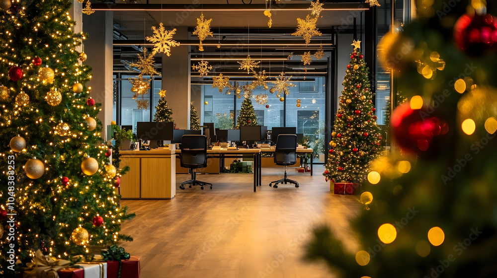 Fototapeta premium Modern office space is decorated for the holidays with christmas trees, lights, and festive cheer