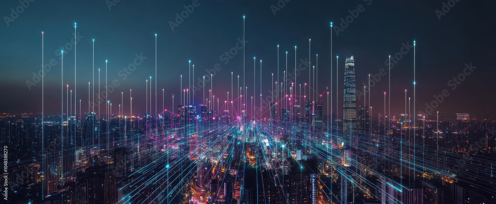 Obraz premium stunning aerial view of vibrant cityscape illuminated by colorful lights, showcasing futuristic digital network with beams of light extending into sky, creating sense of innovation and technology