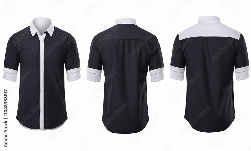 A 3D vector mockup of a classic black shirt with short sleeves and chest pockets, isolated on a white background. A 3D vector mockup of a classic black shirt with short sleeves and chest pockets, isolated on a white background.