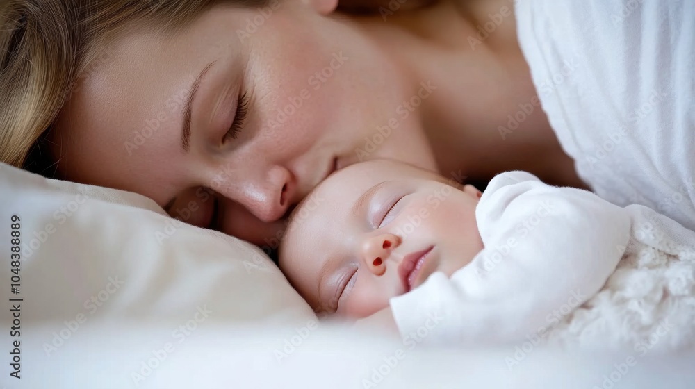 A tender moment as a mother softly kisses her sleeping baby's forehead in serene silence. A tender moment as a mother softly kisses her sleeping baby's forehead in serene silence.