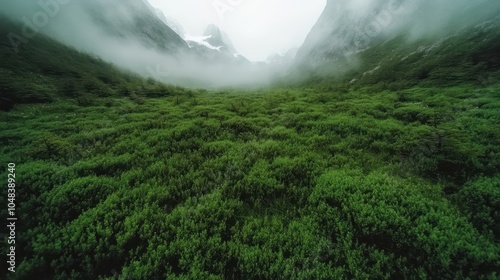 A vibrant green valley stretches beneath mist-covered peaks, creating a serene and mysterious atmosphere, highlighting nature’s tranquil beauty and majesty. photo