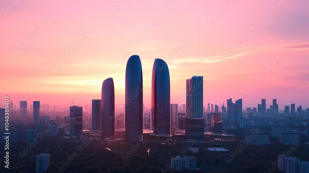 Fototapeta premium A stunning urban skyline during sunset, featuring futuristic skyscrapers against a colorful sky.