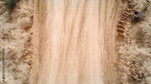 A top-down aerial shot capturing a rugged, dusty dirt road in a dry desert landscape, framed by patches of sparse vegetation on either side. photo