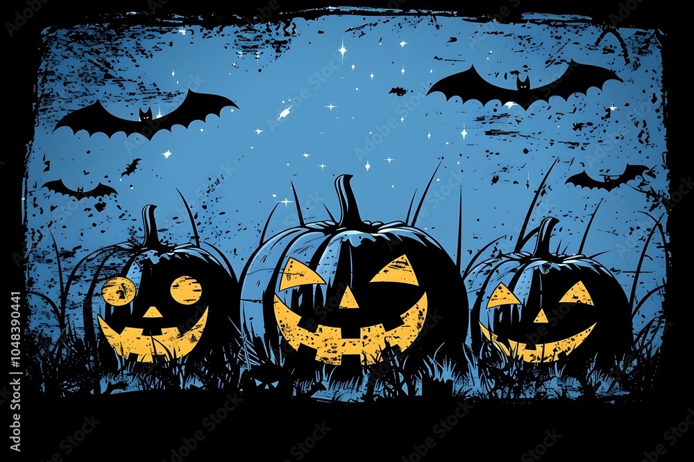Spooky Halloween Scene with Pumpkins Bats and Moonlit Sky in Flat Design Spooky Halloween Scene with Pumpkins Bats and Moonlit Sky in Flat Design
