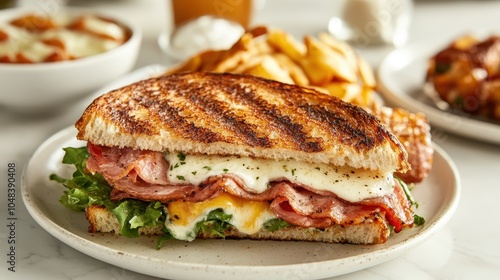 A deliciously arranged grilled sandwich filled with melted cheese and crispy bacon. It sits temptingly on a plate with a side of crispy fries and a drink. photo