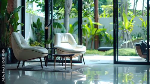 Living room, modern style living room, clear glass walls, simple, comfortable to the eyes, designed with nature, trees and green areas. 