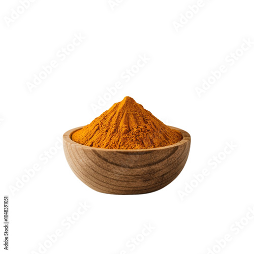 photo of wooden bowl filled with turmeric, shot from the front. It can be used as graphic design photo