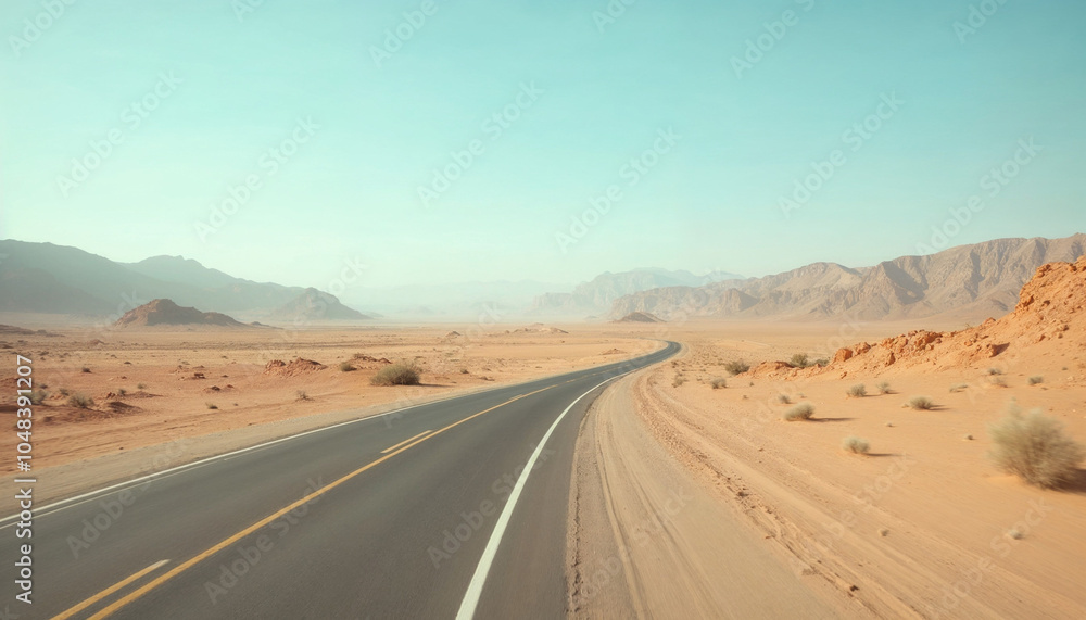 Fototapeta premium Scenic view of an empty road winding through a vast arid desert with distant rugged mountains under a clear blue sky
